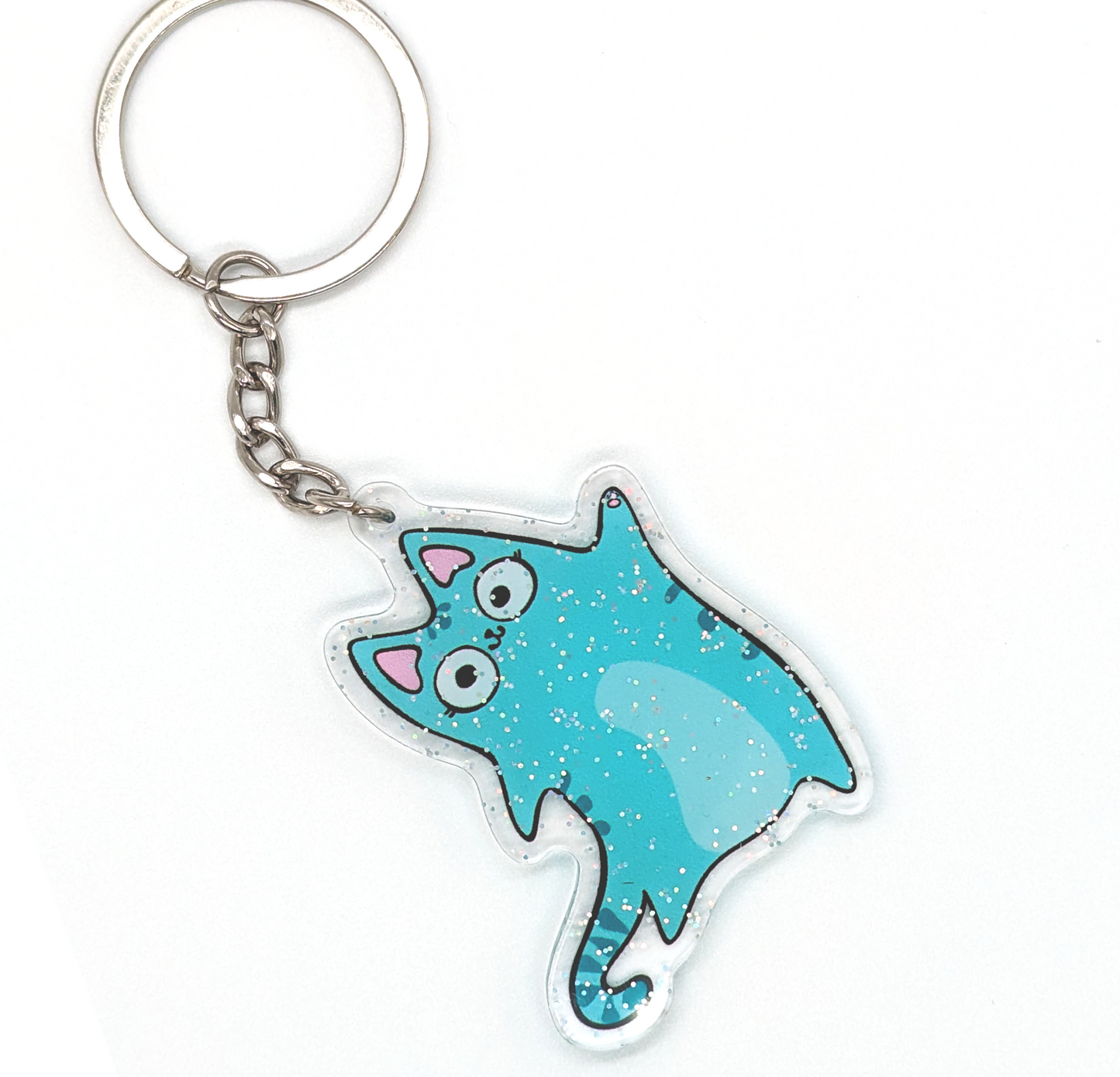 Blue cartoon tabby cat waving keychain.