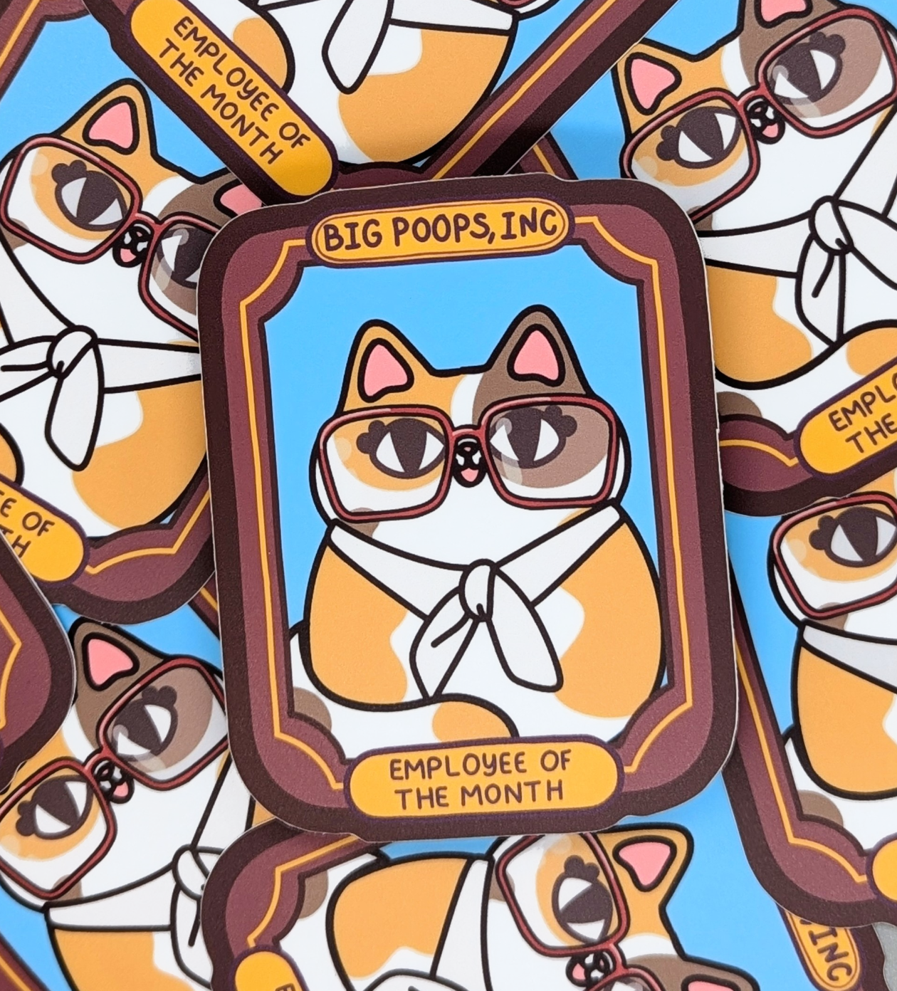 Cartoon dog with glasses and 'Employee of the Month' text on a blue background