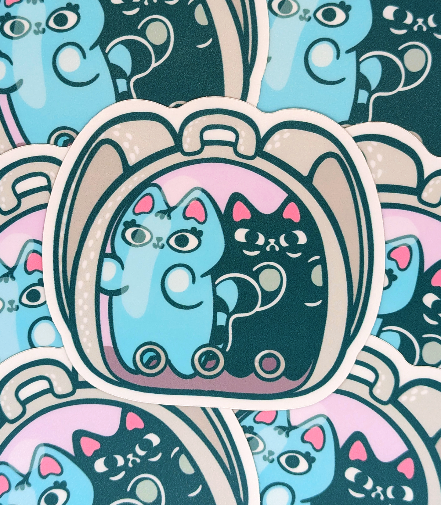 Blu Cat and Judgy Cat look out the back of a cat backpack. Cat backpack sticker