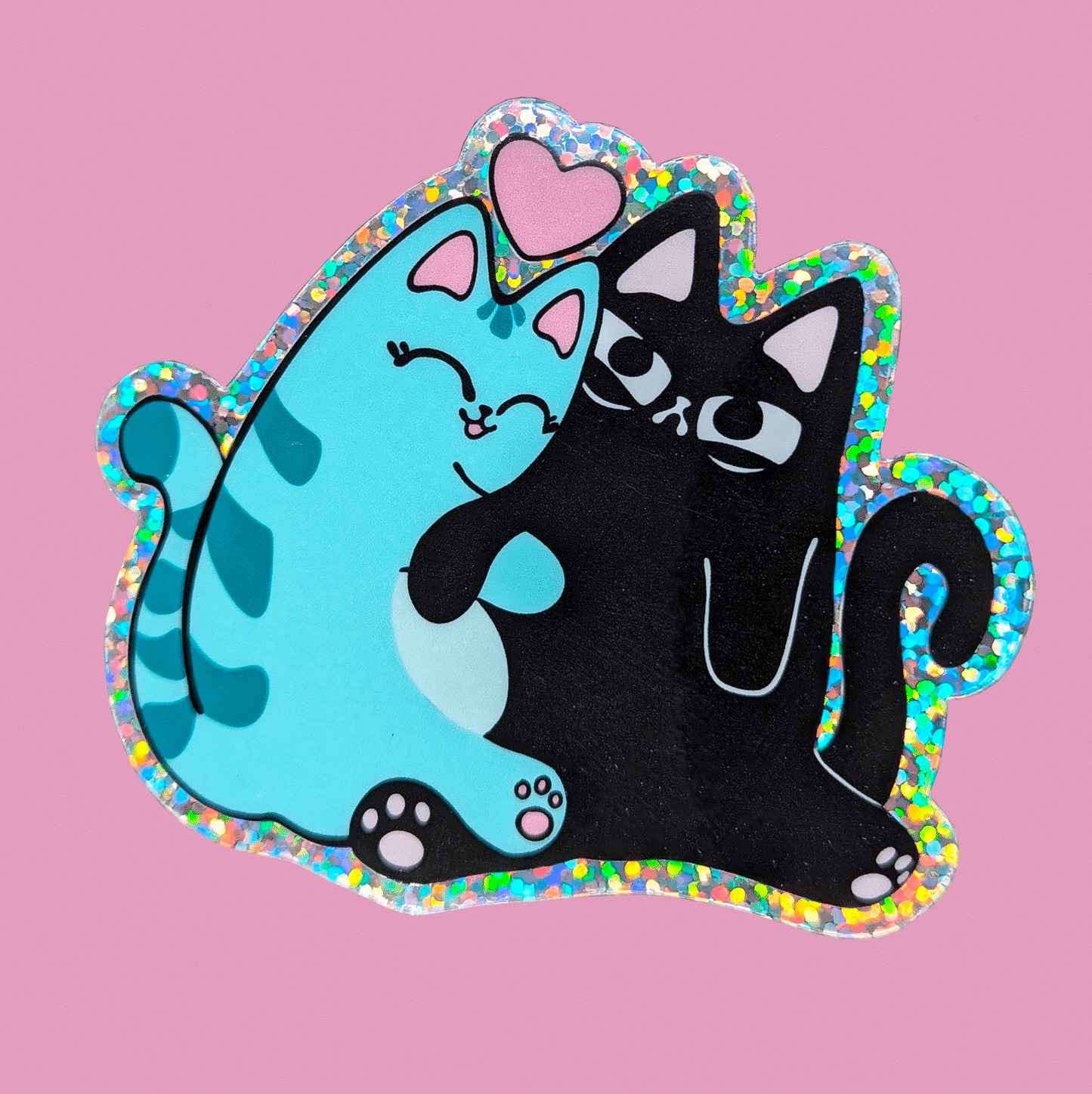 Omg, too cute! A hug between Blu Cat and Judgy Cat! A durable glitter sticker for loved ones! Waterproof and scratchproof vinyl diecut sticker! Very durable!