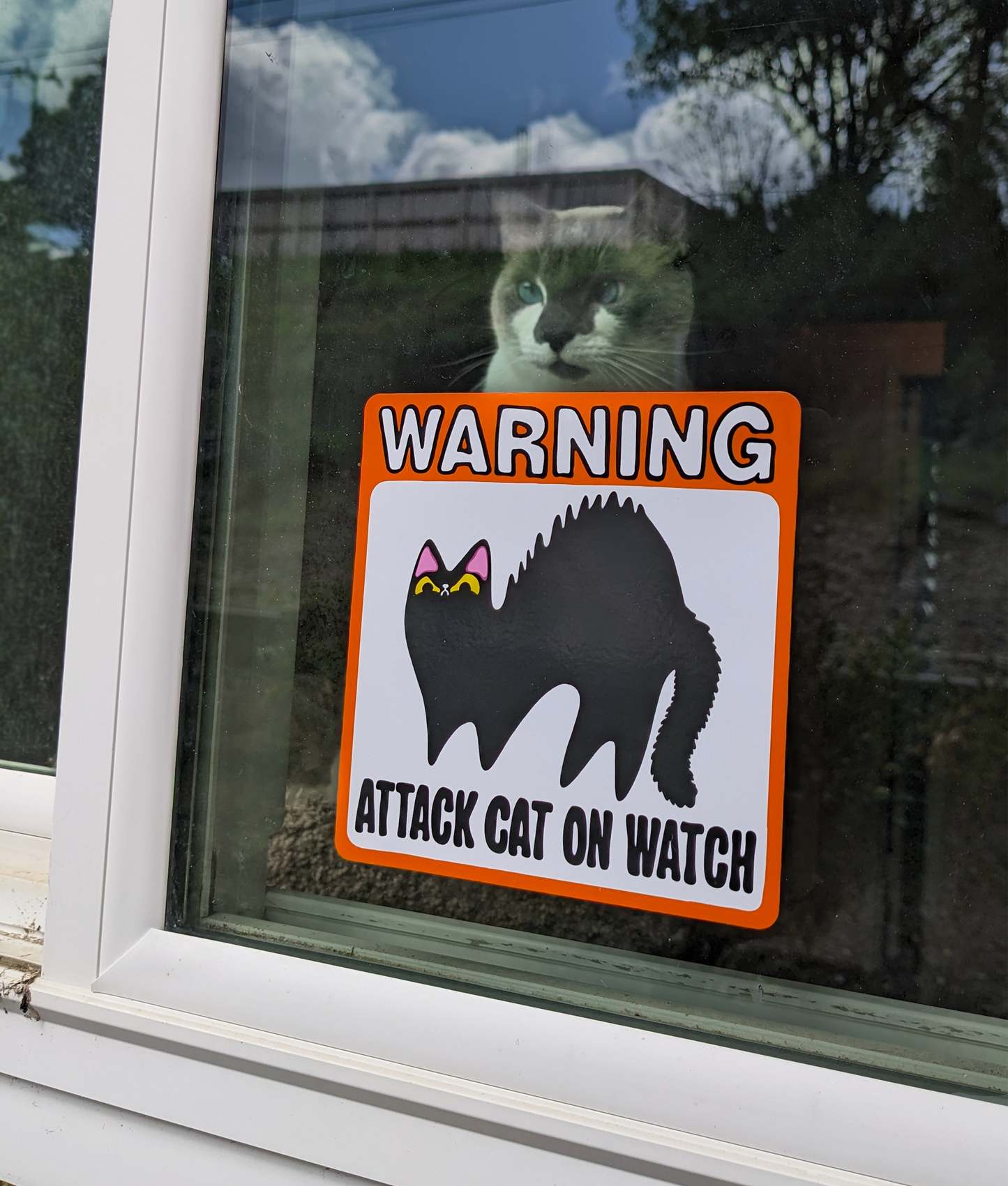 Window Cling says Warning Attack Cat on Watch. A cat watches from behind.