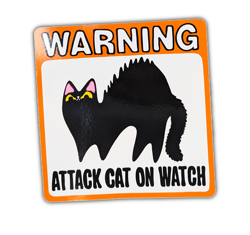 Window cling that reads Warning: Attack Cat on Watch. Fluffy Black Cat with a cat pun for cat lovers.