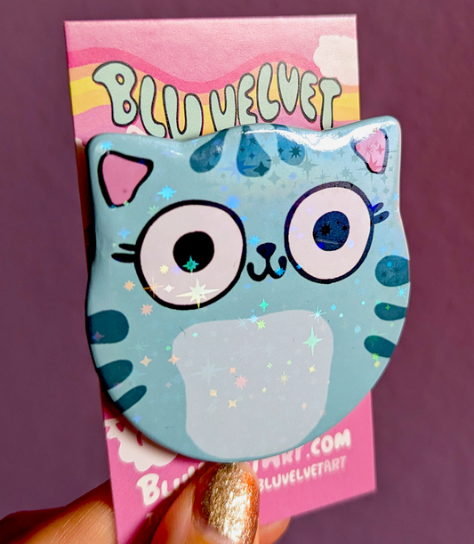 Cat Ear Button - Sparkly Little Blu Cat with Holo Stars  Pinback Button