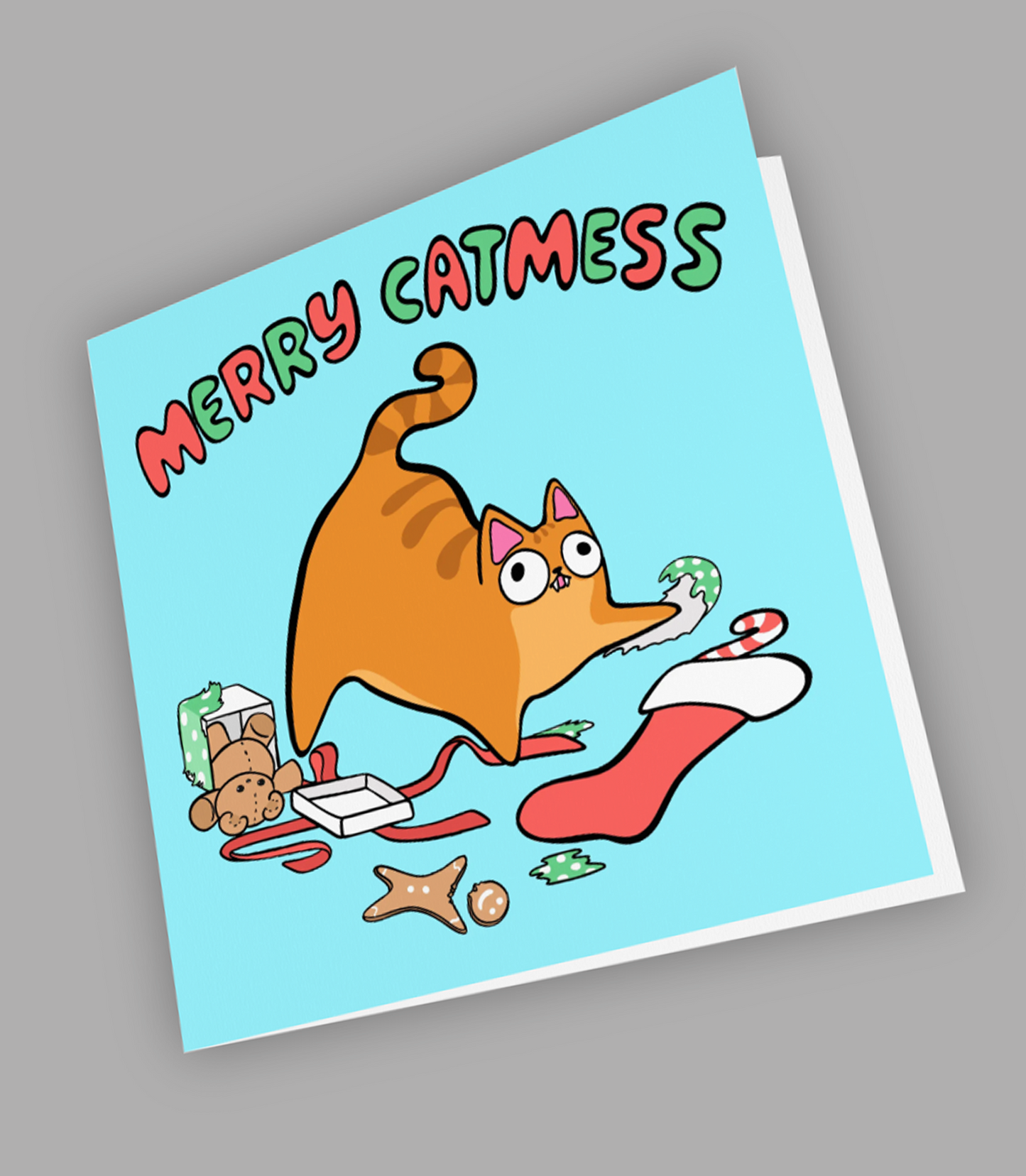 Merry Catmess christmas card! Cats can't be trusted around holiday decor--especially when they have the zoomies!