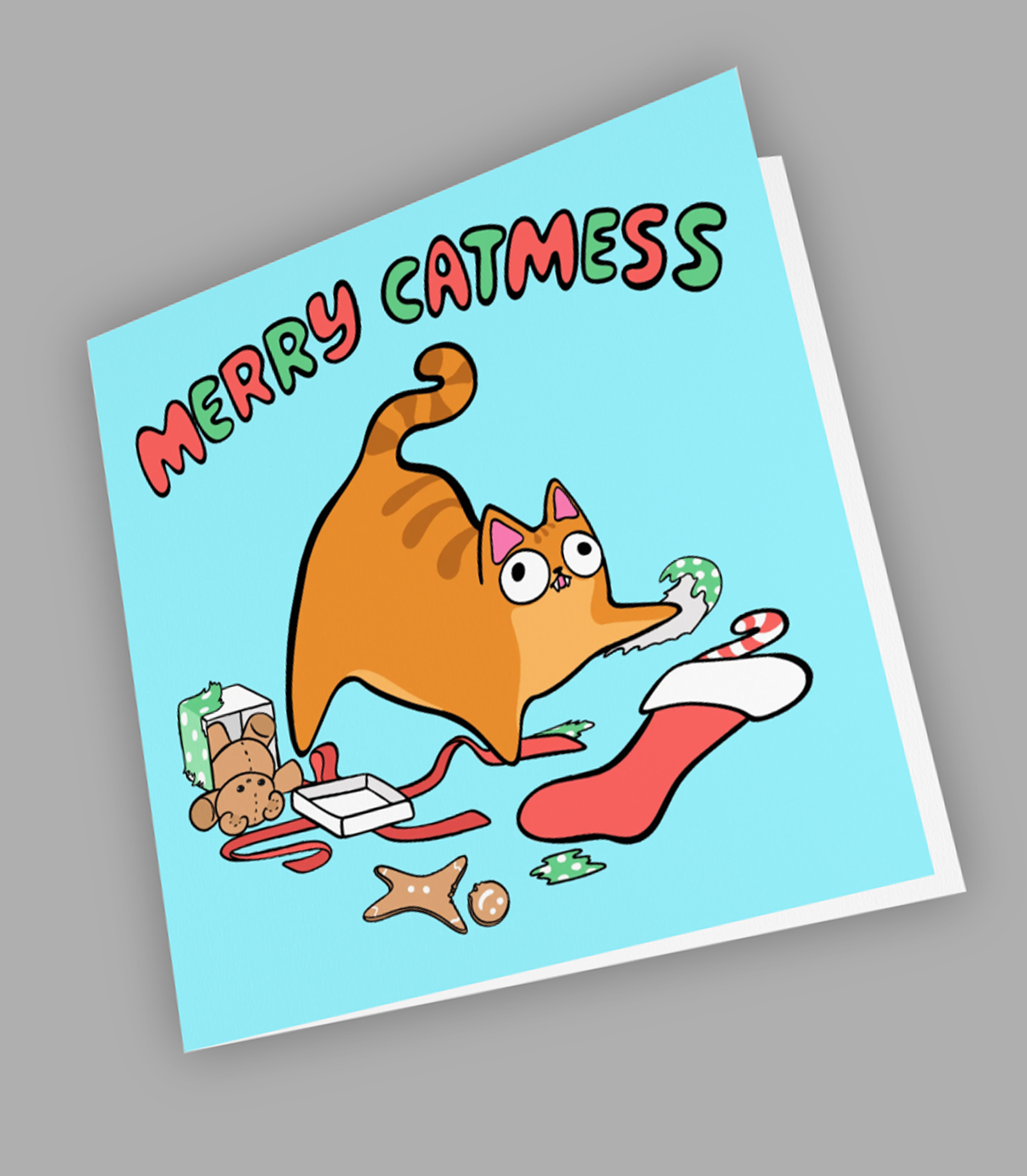 Merry Catmess christmas card! Cats can't be trusted around holiday decor--especially when they have the zoomies!