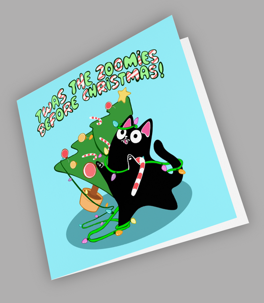 Twas the Zoomies Before Christmas Cat Christmas Card for cat lover | stocking stuffer kitty with zoomies funny xmas card knock tree over
