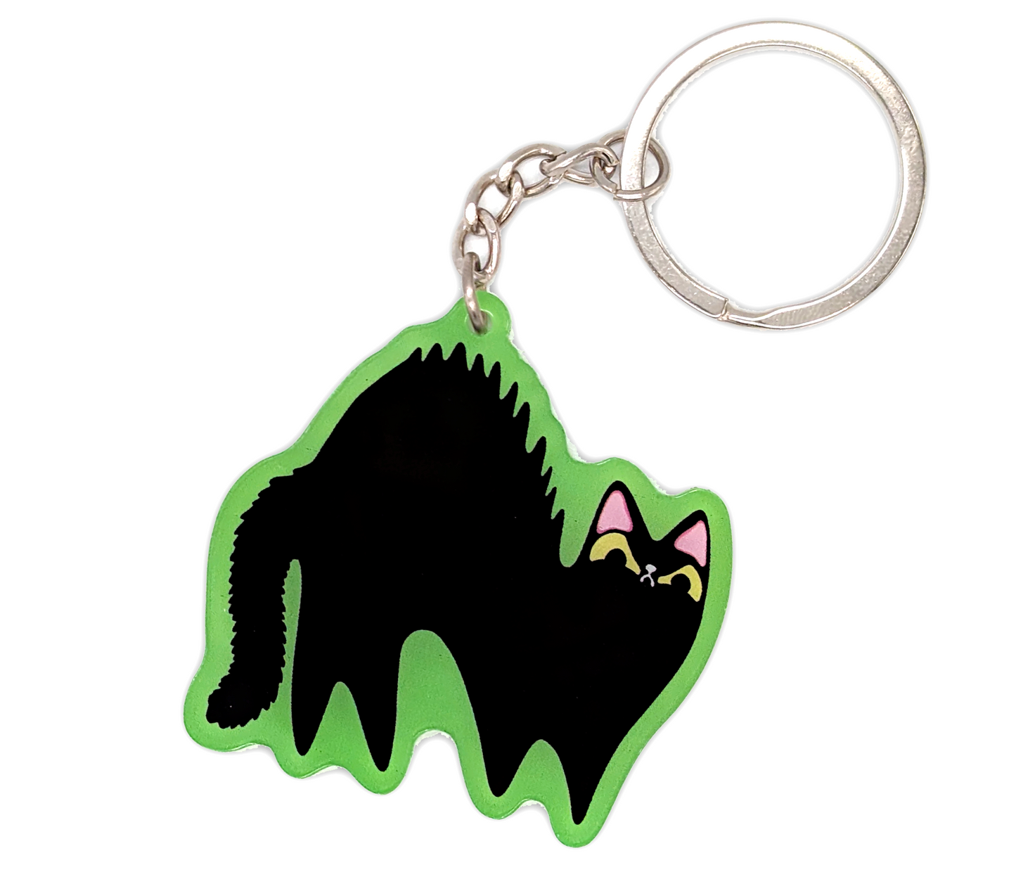 Acrylic Keychain of Black Cat in traditional arched back Halloween pose