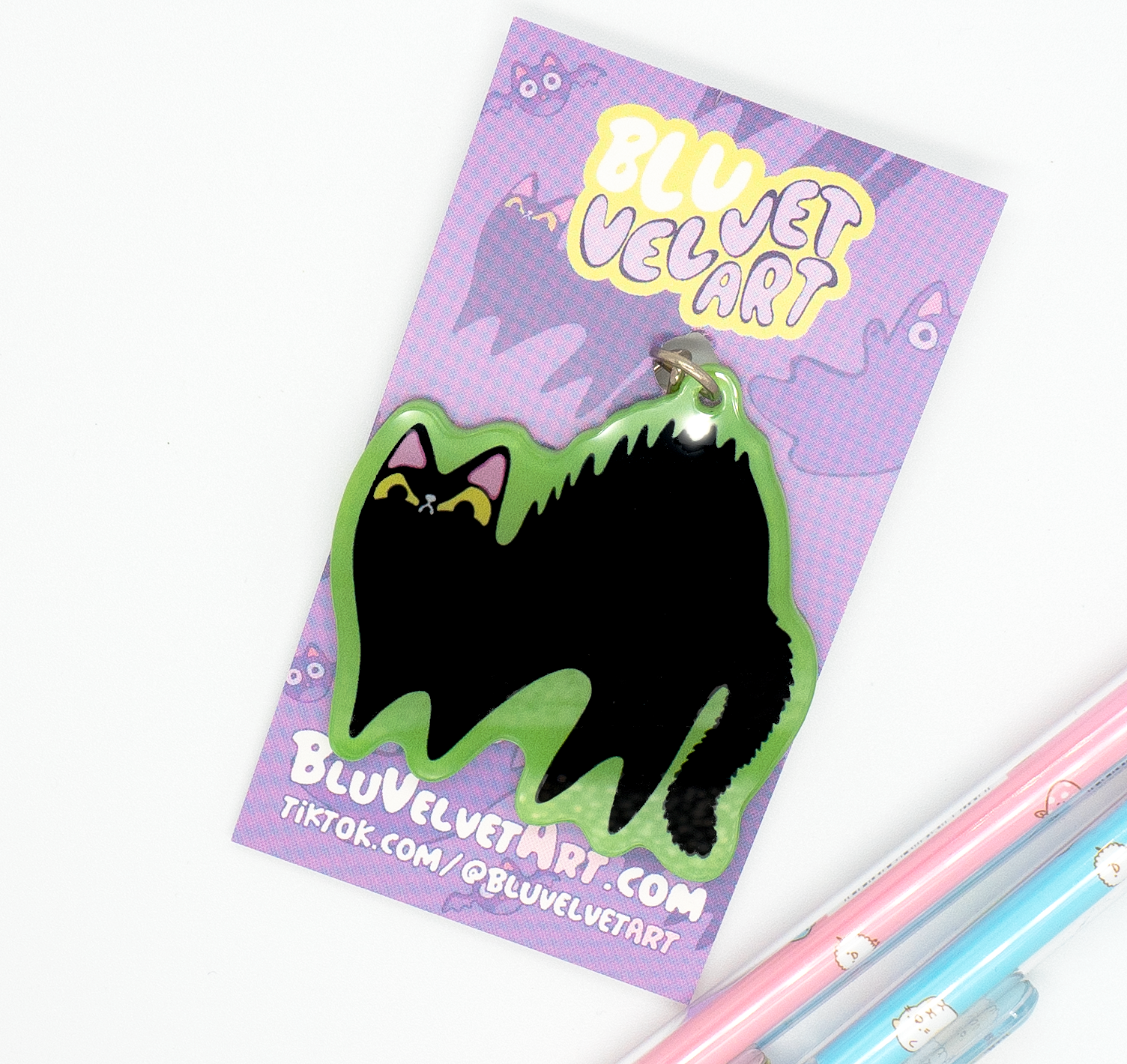 Scaredy Halloween Cat Acrylic Keychain on backing card