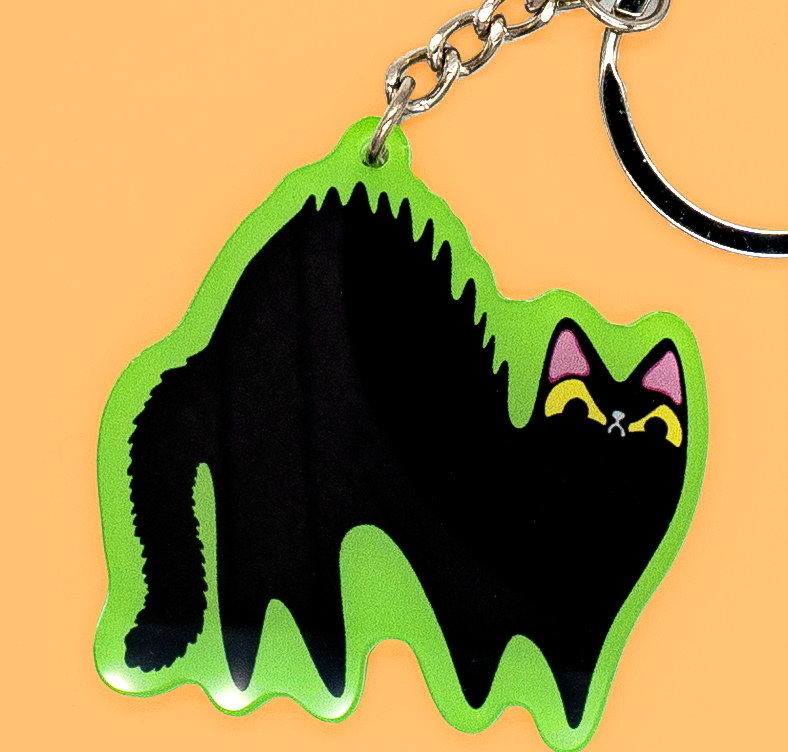 Acrylic Keychain of Black Cat in traditional arched back Halloween pose