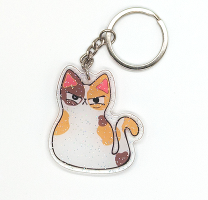 Angry calico cat keychain with glitter