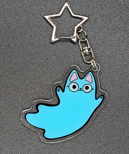 Ghost cat keychain with no glitter. A cheap cat gift option!