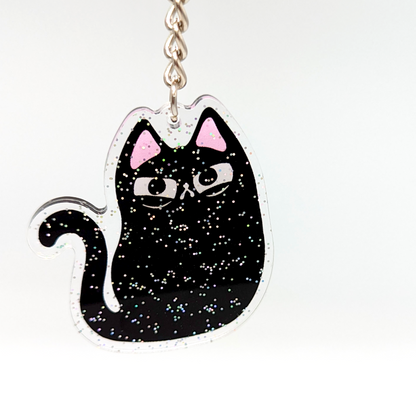 View of Black Cat glitter keychain. A kawaii fashion gift for black cat lovers!