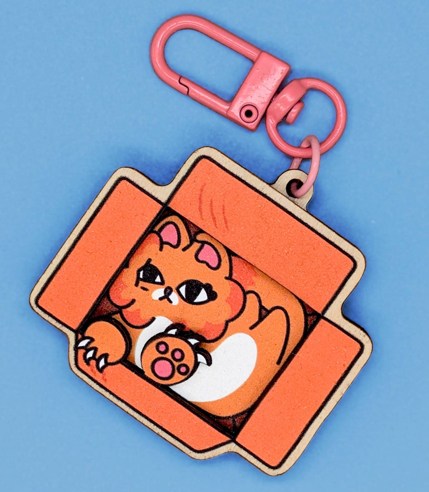Orange Cat in Cardboard Box 3D Wooden Keychain