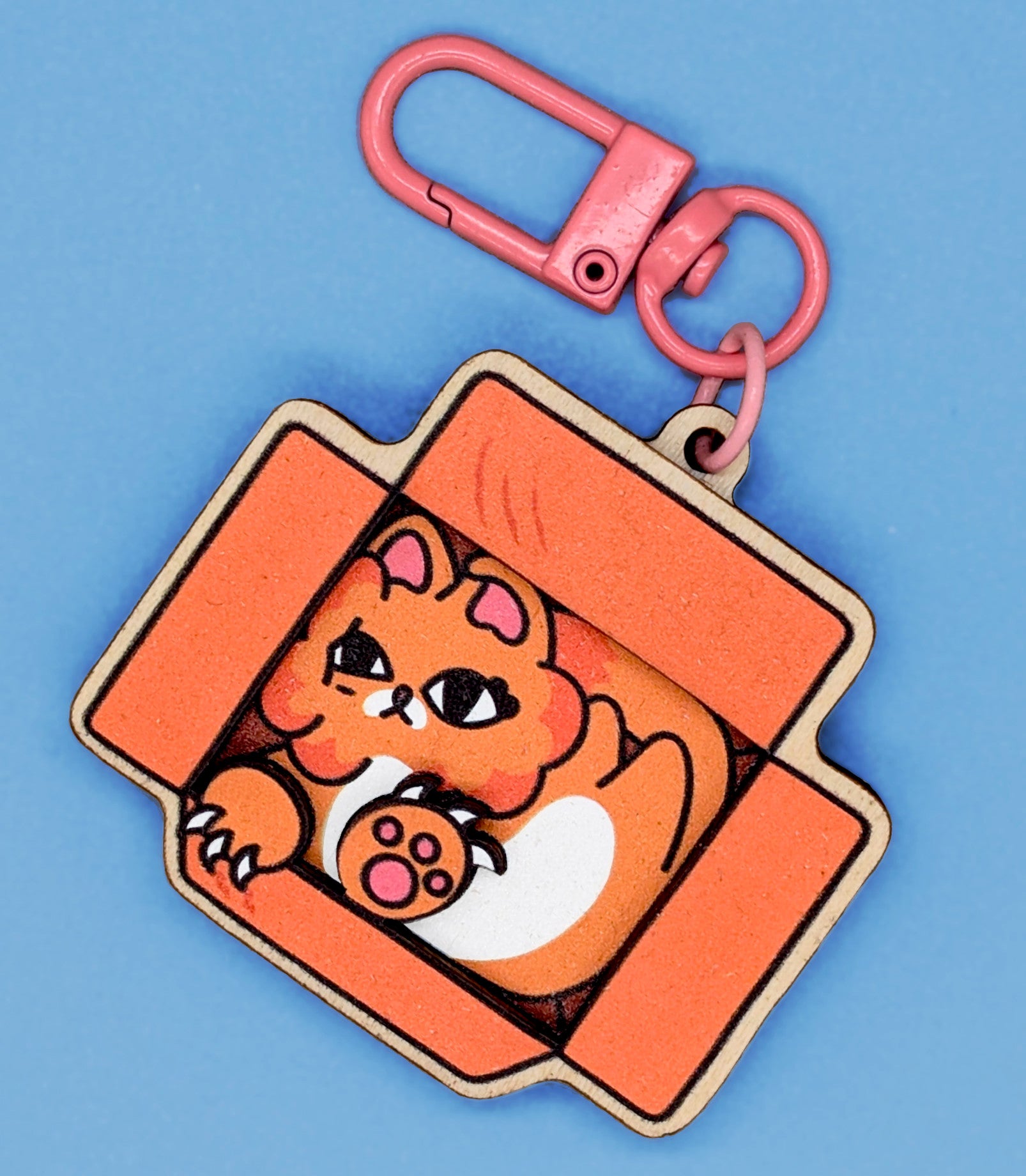 Orange Cat in Cardboard Box 3D Wooden Keychain