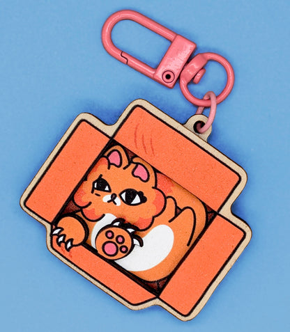 Orange Cat in Cardboard Box 3D Wooden Keychain