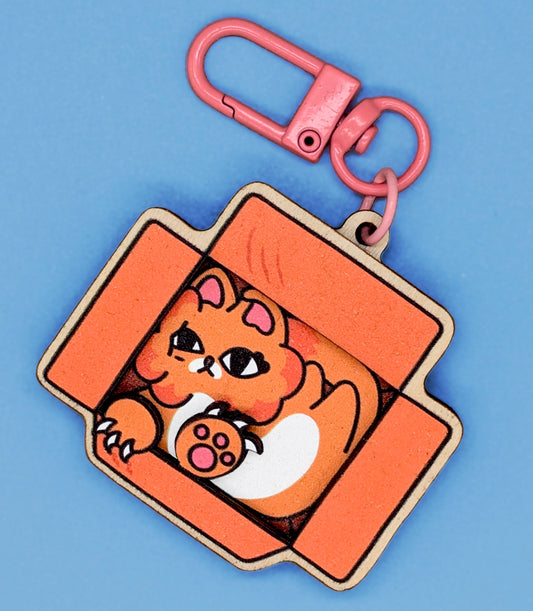 Orange Cat in Cardboard Box 3D Wooden Keychain