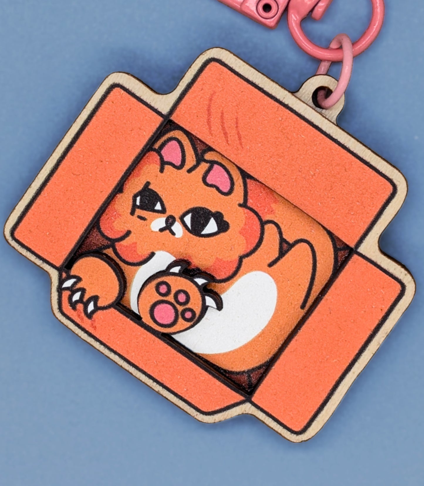 Orange Cat in Cardboard Box 3D Wooden Keychain