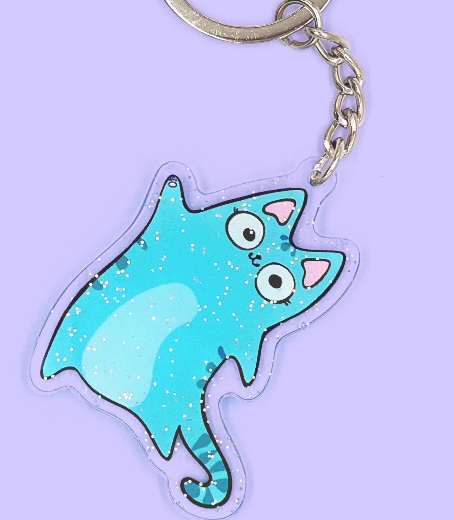 Little Blu Cat Acrylic Keychain with glitter sparkles for tabby cat lovers