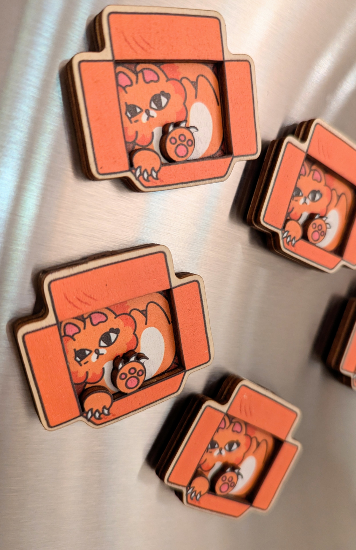 Orange Cat in Cardboard Box 3D Wooden Magnet
