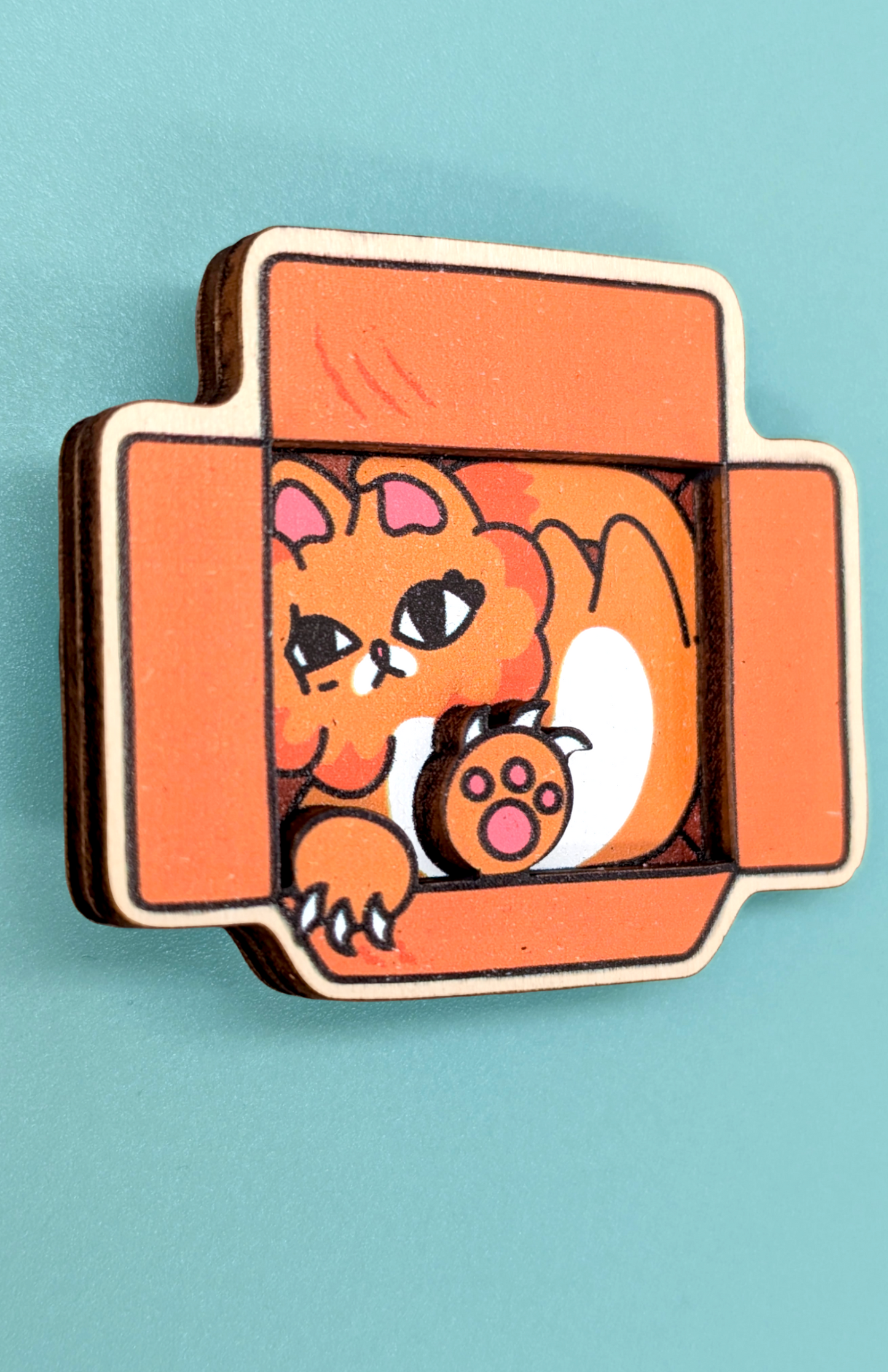 Orange Cat in Cardboard Box 3D Wooden Magnet