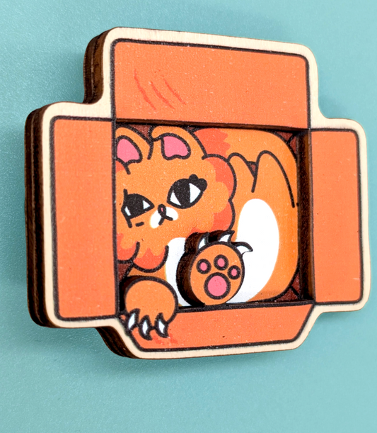 Orange Cat in Cardboard Box 3D Wooden Magnet