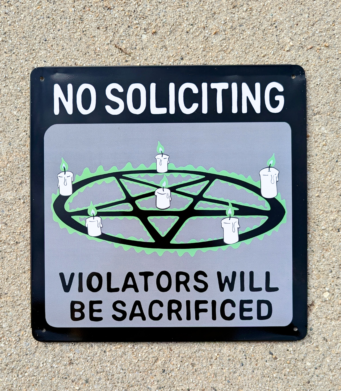 No Soliciting Tin Plate Metal Sign: Halloween Goth Decor |  hex pentagram spell witch