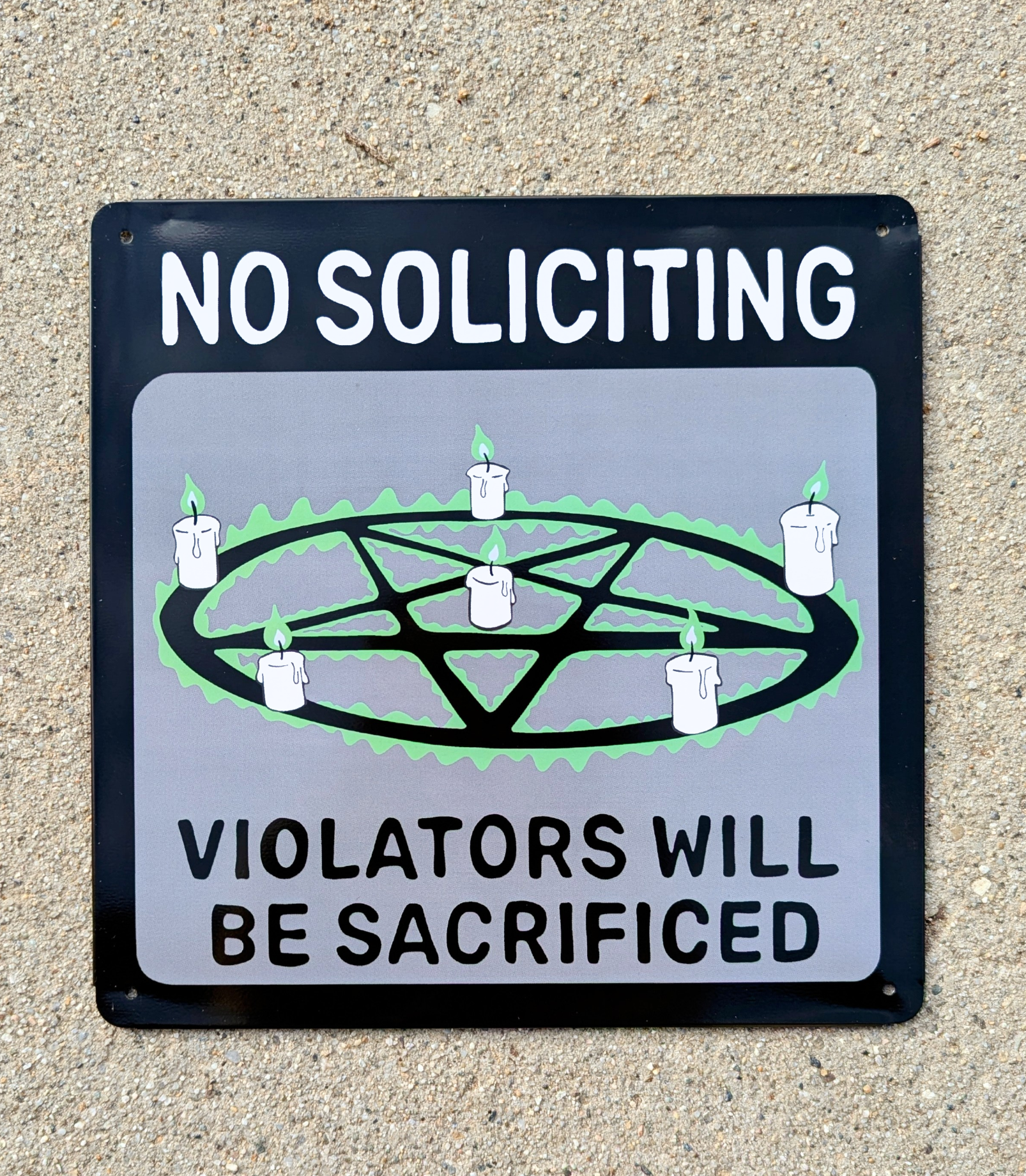 No Soliciting Tin Plate Metal Sign: Halloween Goth Decor |  hex pentagram spell witch