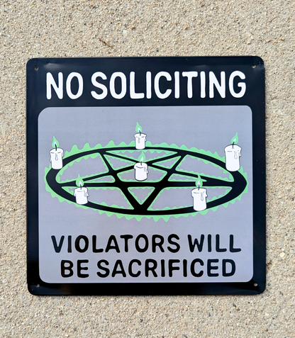 No Soliciting Tin Plate Metal Sign: Halloween Goth Decor |  hex pentagram spell witch