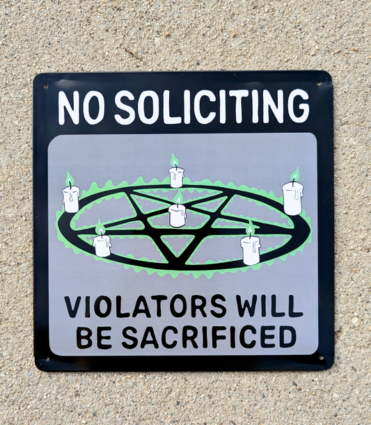 No Soliciting Tin Plate Metal Sign: Halloween Goth Decor |  hex pentagram spell witch