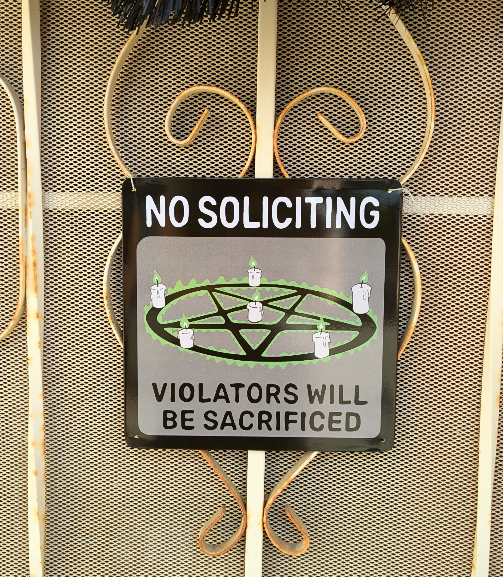 No Soliciting Tin Plate Metal Sign: Halloween Goth Decor |  hex pentagram spell witch
