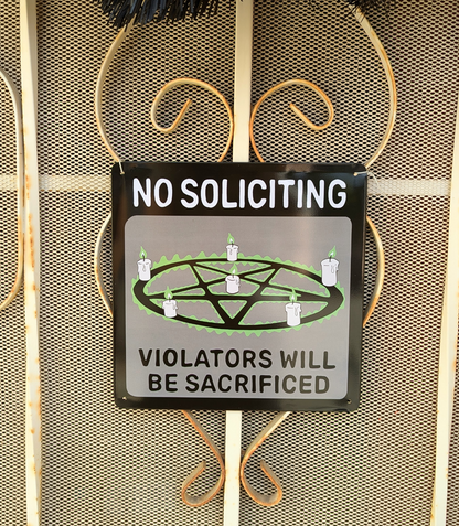 No Soliciting Tin Plate Metal Sign: Halloween Goth Decor |  hex pentagram spell witch