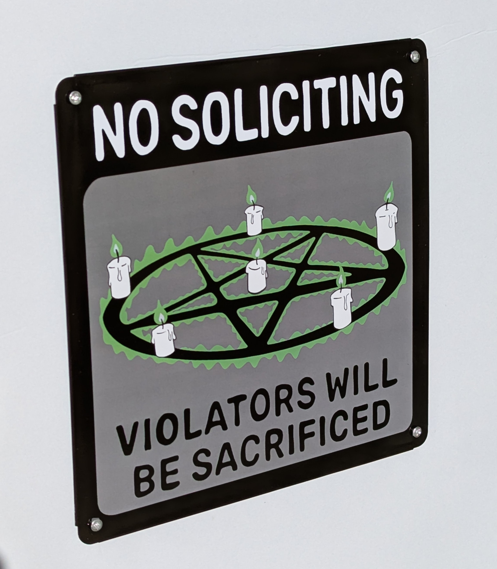 No Soliciting Tin Plate Metal Sign: Halloween Goth Decor |  hex pentagram spell witch