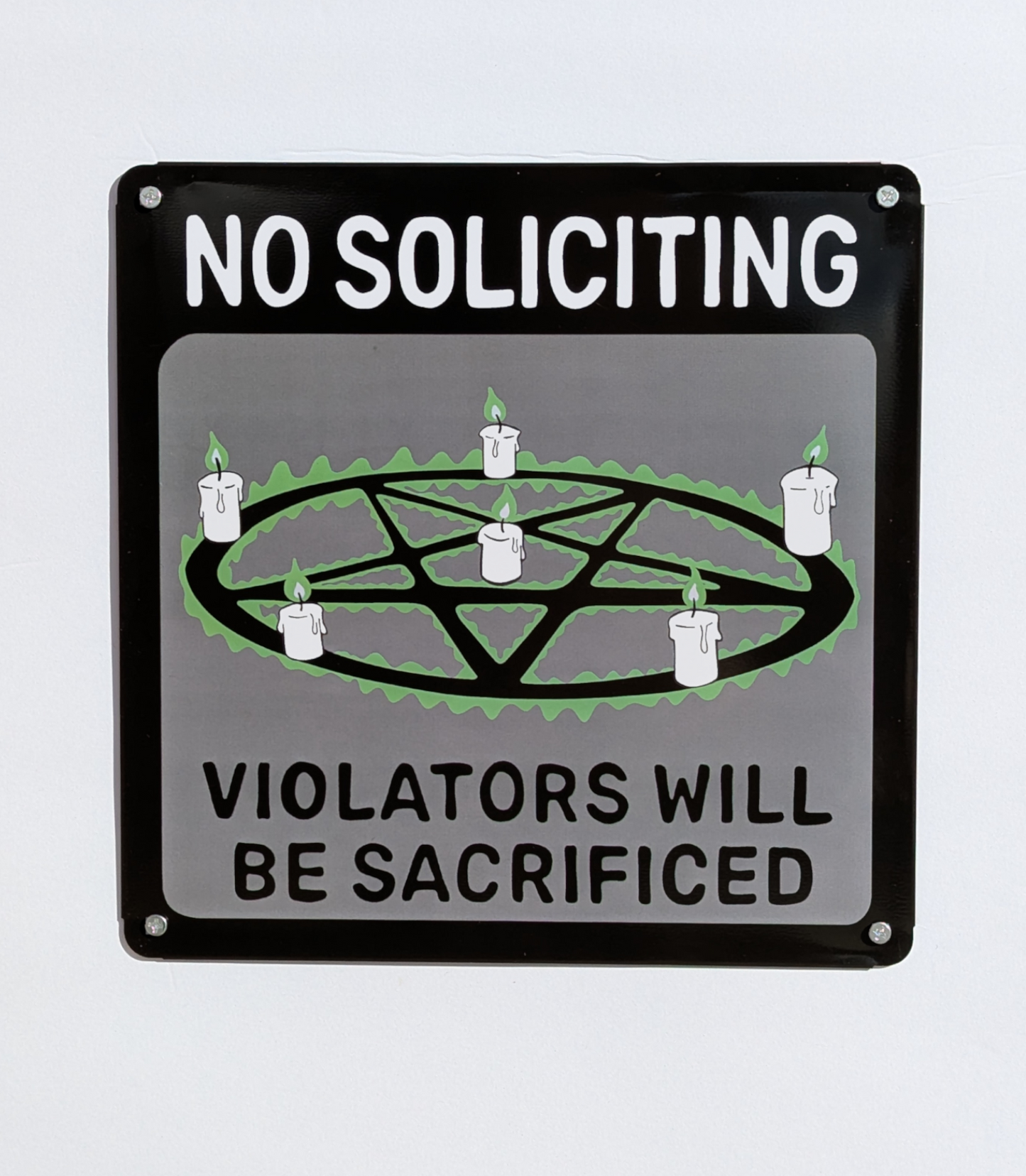 No Soliciting Tin Plate Metal Sign: Halloween Goth Decor |  hex pentagram spell witch