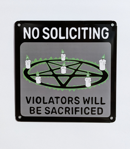 No Soliciting Tin Plate Metal Sign: Halloween Goth Decor |  hex pentagram spell witch