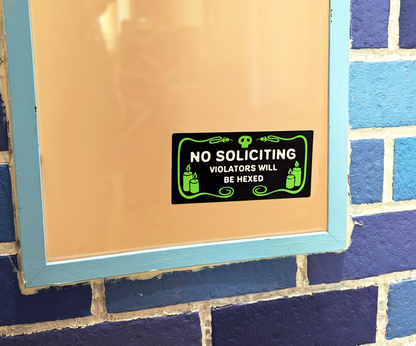 No Soliciting Green Snake Border (Violators Will Be Hexed) Window Cling. No soliciting static cling with snake, skull and candles border! Very witchy!