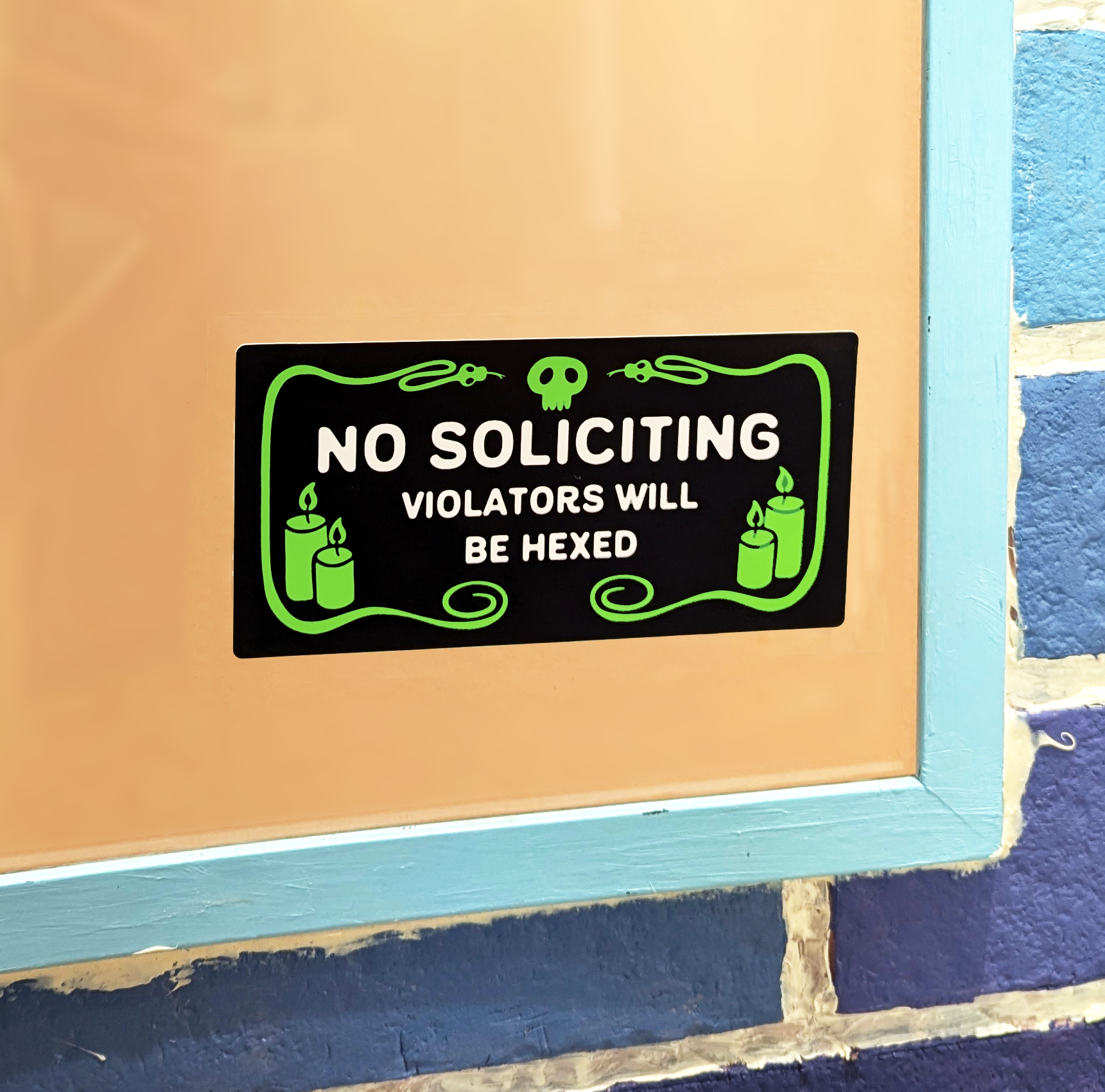 No Soliciting Green Snake Border (Violators Will Be Hexed) Window Cling. No soliciting static cling with snake, skull and candles border! Very witchy!