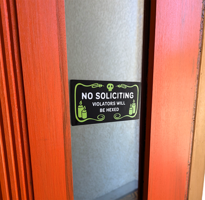 No Soliciting Green Snake Border (Violators Will Be Hexed) Window Cling. No soliciting static cling with snake, skull and candles border! Very witchy!