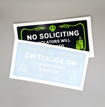 No Soliciting Green Snake Border (Violators Will Be Hexed) Window Cling. No soliciting static cling with snake, skull and candles border! Very witchy!