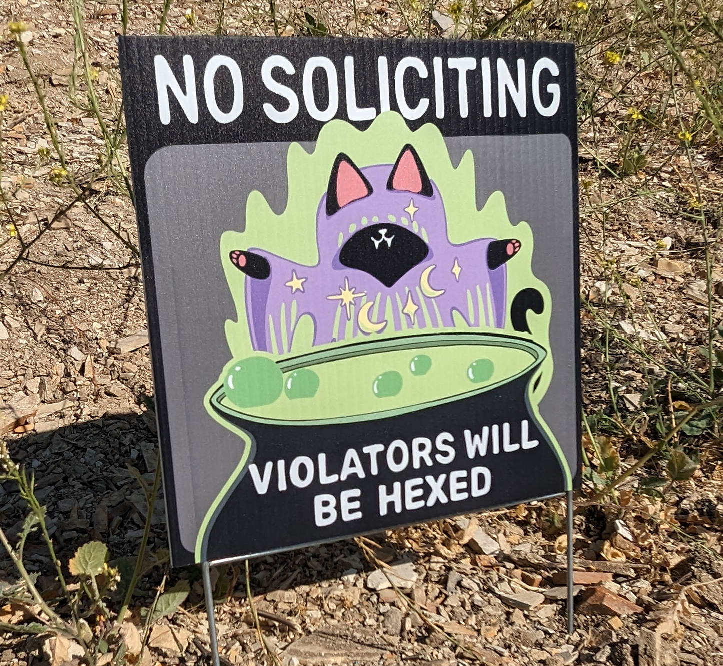 No Soliciting Witch Cat Yard Sign (Violators Will Be Hexed)