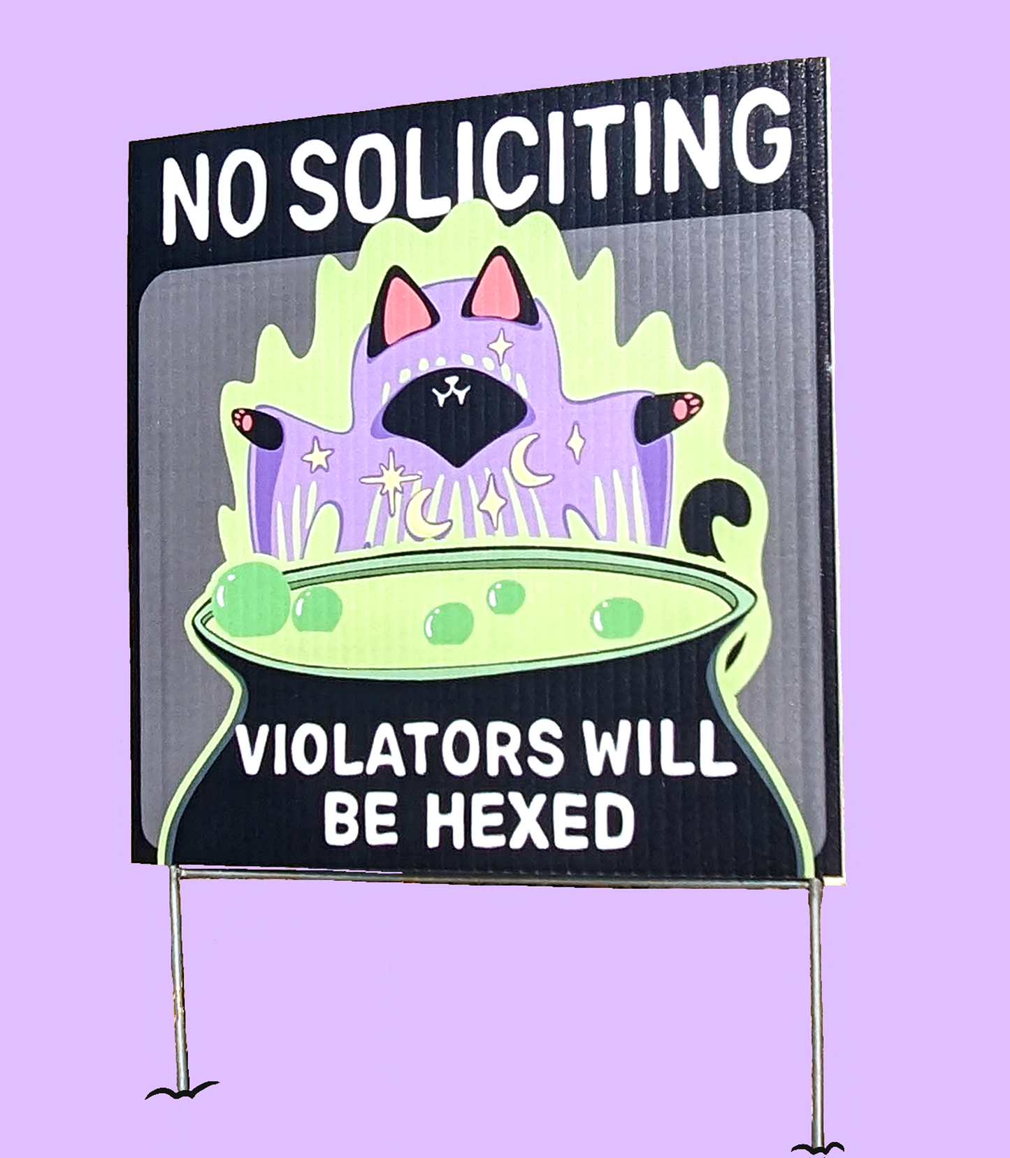 No Soliciting Witch Cat Yard Sign (Violators Will Be Hexed)