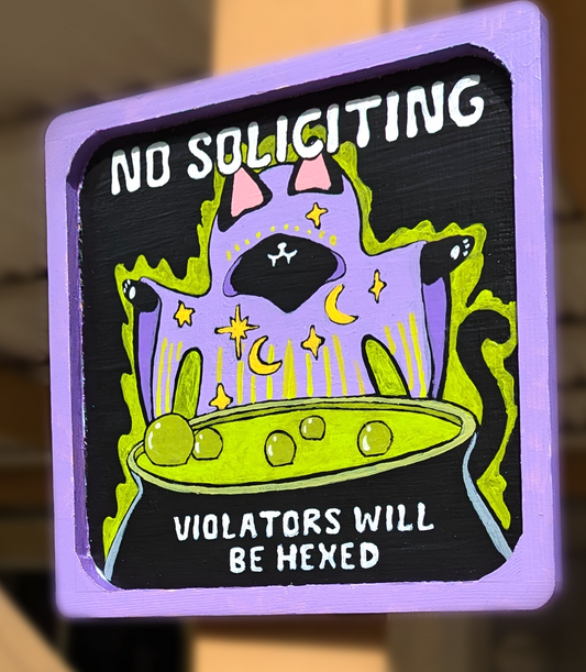 Hand Painted No Soliciting Witch Cat Sign (Violators Will Be Hexed)