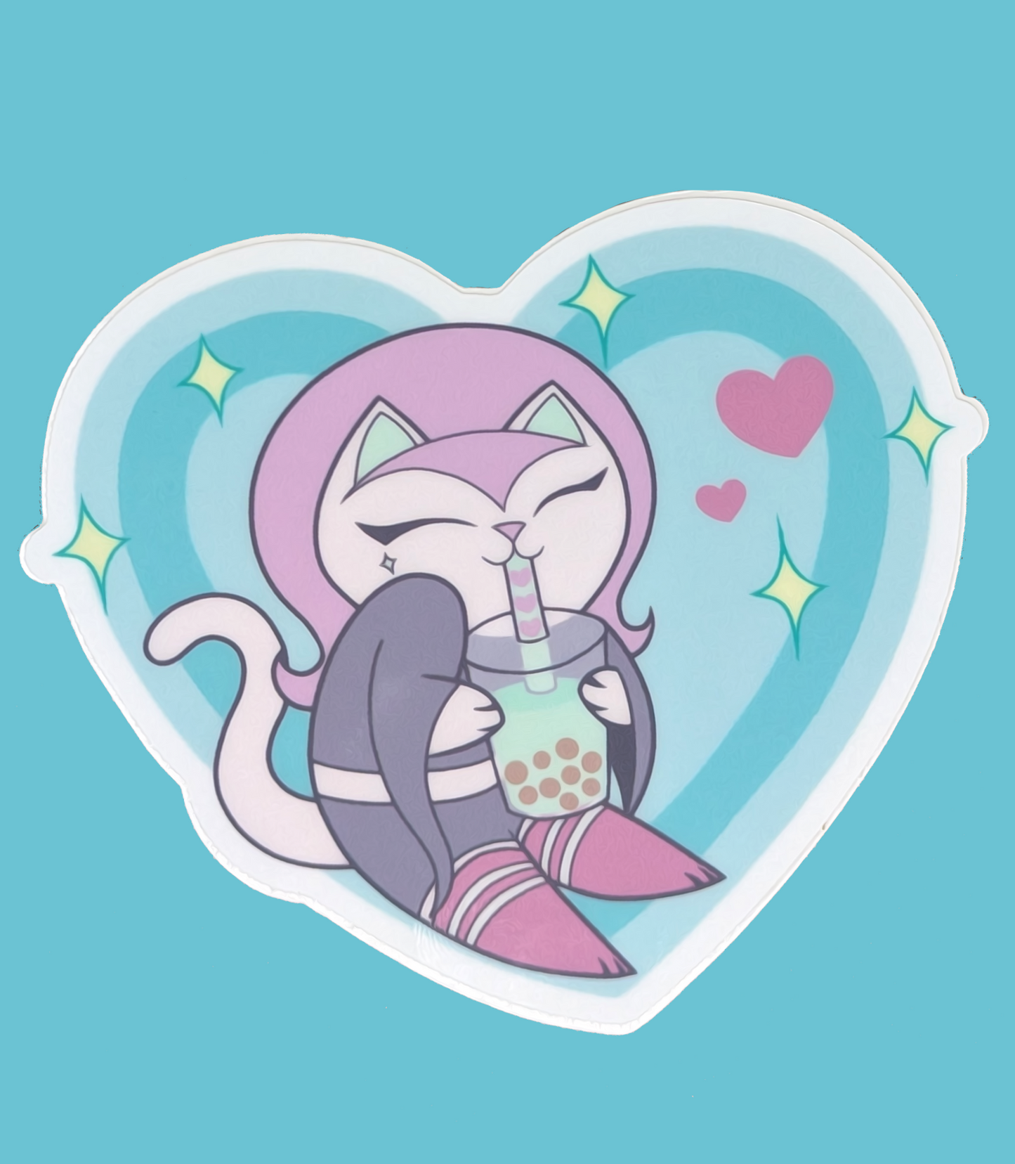 Cute Boba Cat Heart Sticker Heavy Duty Vinyl 3"