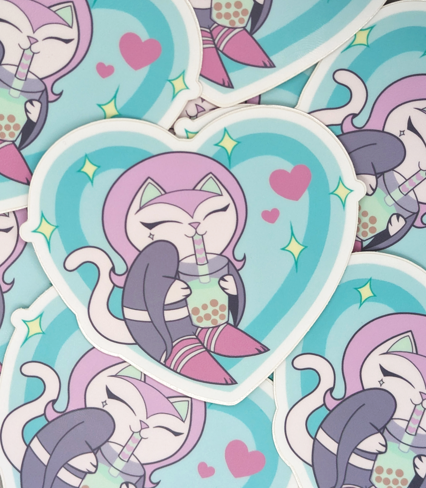 Cute Boba Cat Heart Sticker Heavy Duty Vinyl 3"