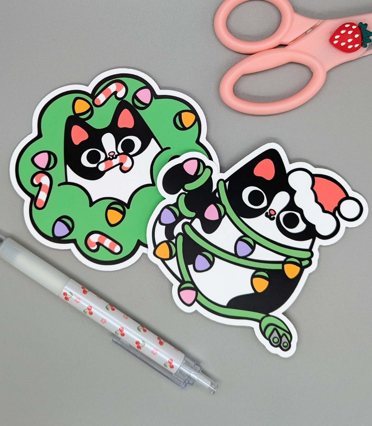 JUMBO Christmas Cat Sticker Set (Two 4" Stickers)