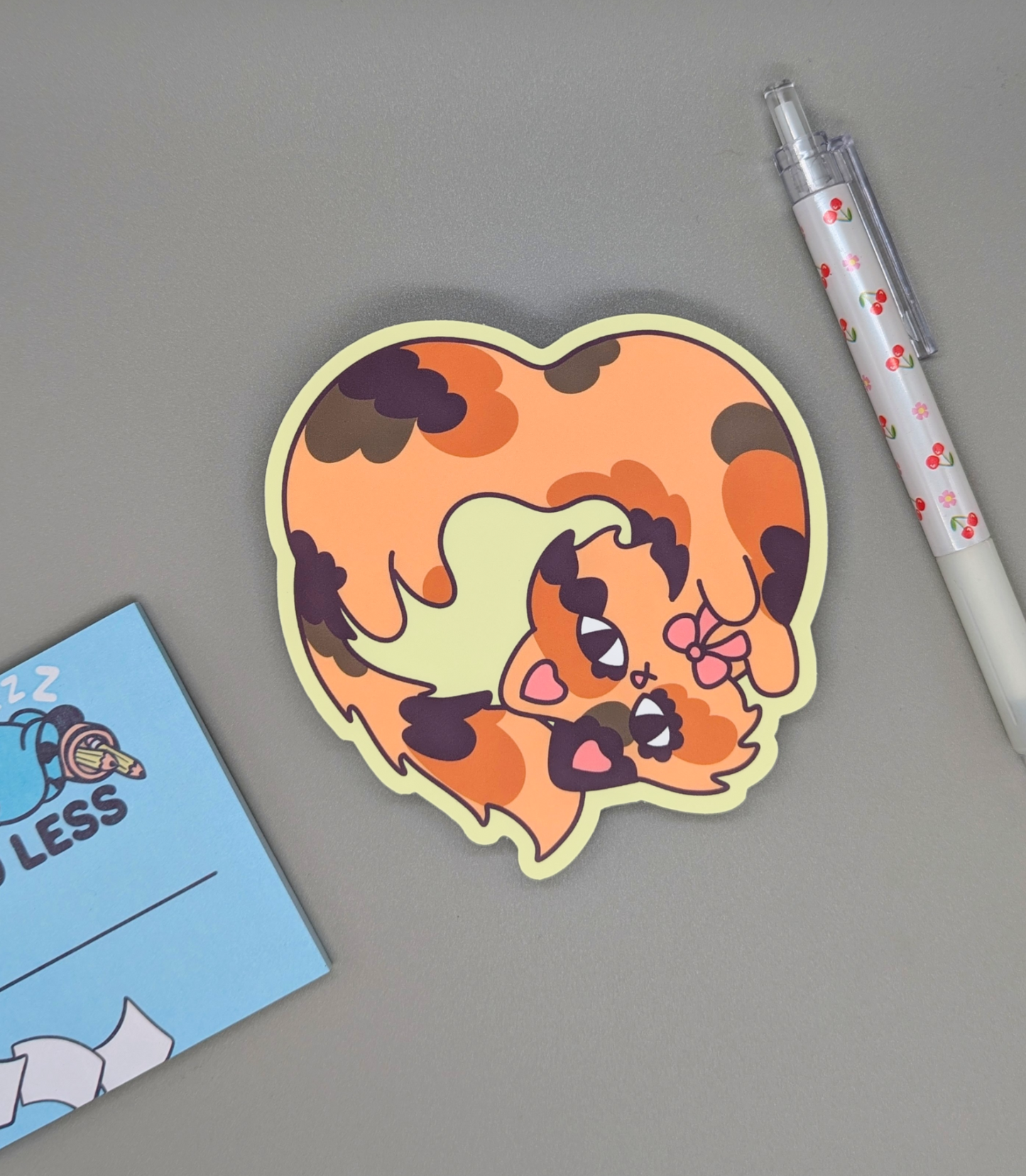 JUMBO Tortie Cat Heart Vinyl Waterproof Diecut Sticker 4"