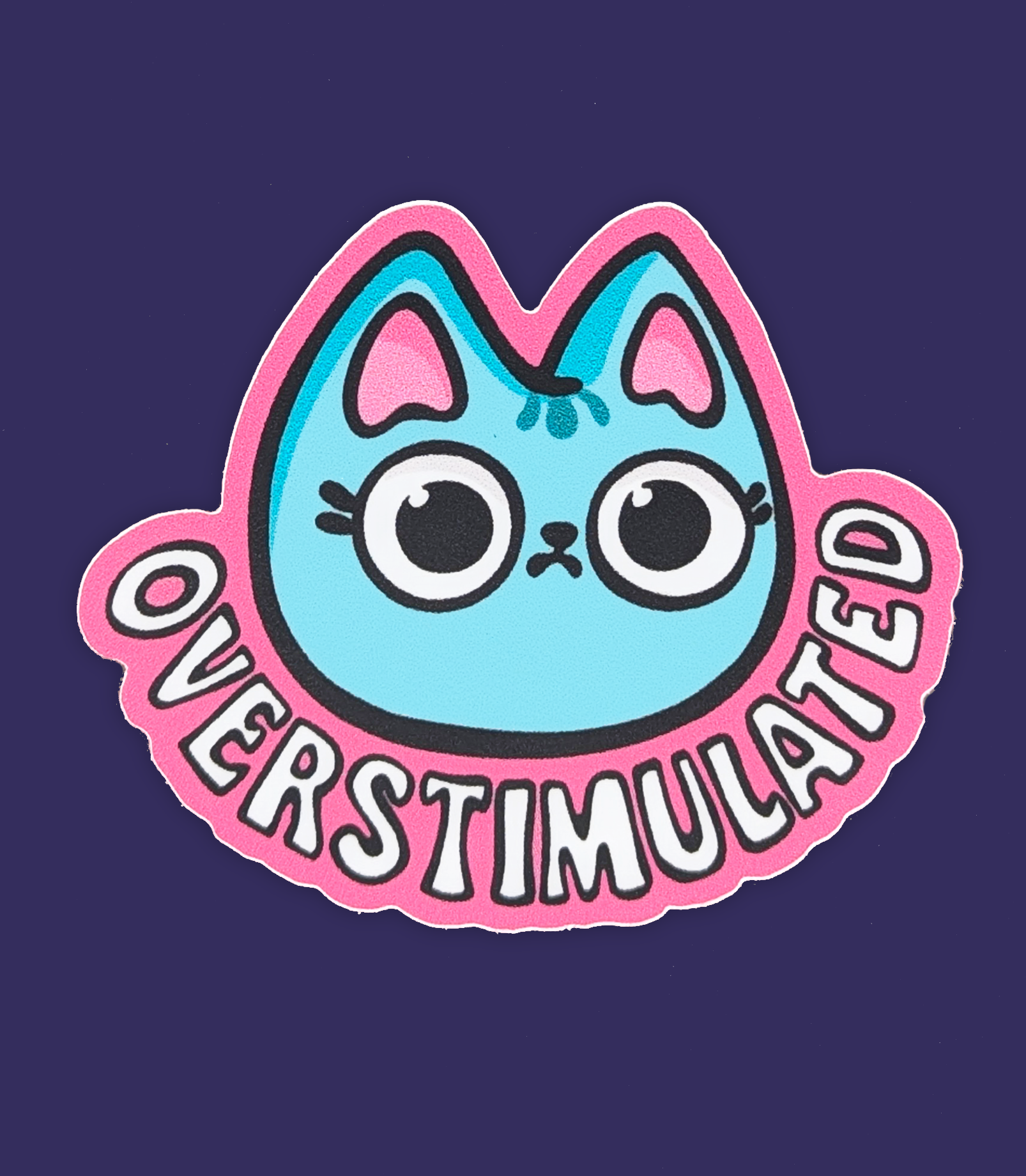 Overstimulated Wide Eyed Cat Sticker Heavy Duty Vinyl 3 featured a wide eyed kitty that looks like a dear in headlights