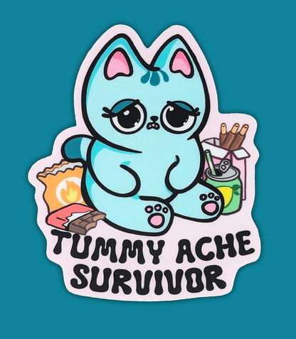 Cute little cat has a stomach ache after eating yummy snacks! Tummy Ache Survivor Cat Sticker Heavy Duty Vinyl 3"