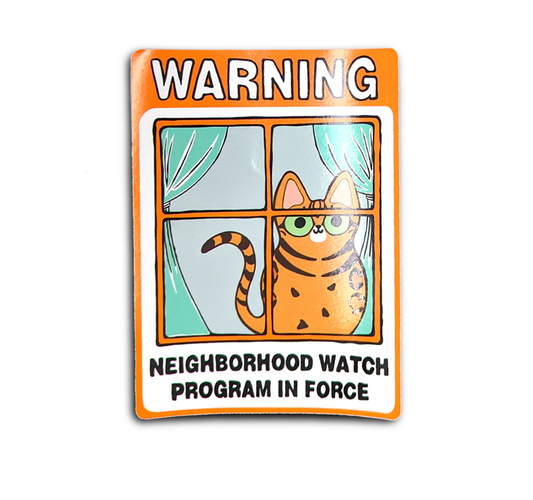 Neighborhood Watch Cat Bengal Cat window cling that reads Warning: Neighborhood watch program in force