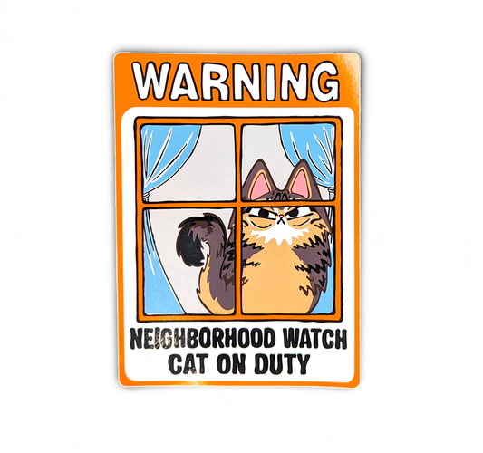 Angry Fluffy Tabby Cat Neighborhood Watch Cat Window Cling that reads Warning Neighborhood watch cat on duty