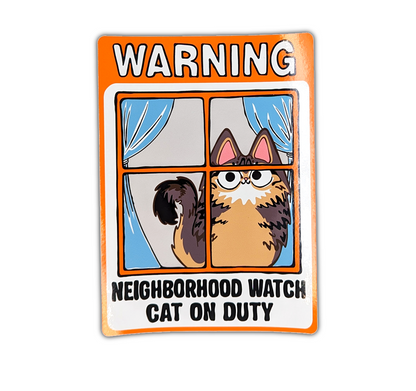 Neighborhood Watch Cat Window Cling with Fluffy Tabby Cat watching passersby